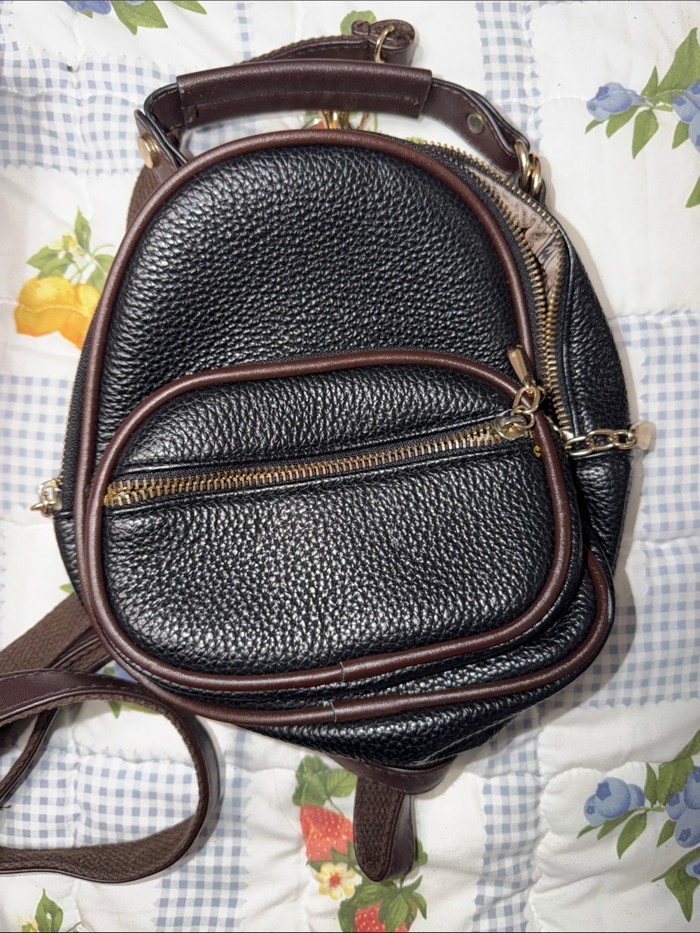 Black Pebbled Leather Mini Backpack with Brown Trim